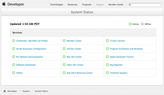 Apple Dev Center System Status