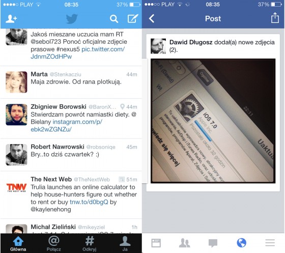 Twitter i Facebook na iOS 7