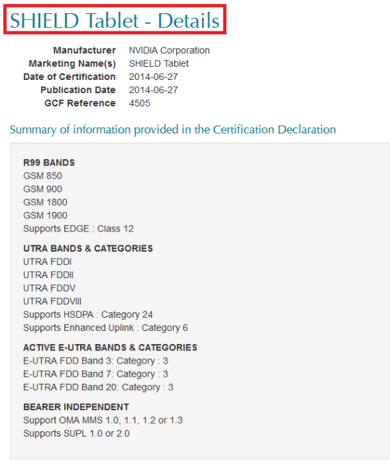 NVIDIA Shield GFC Certification