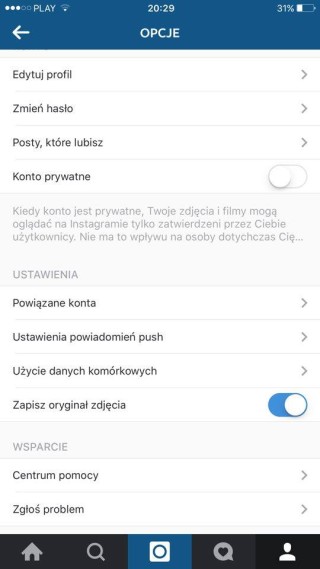 Ustawienia aplikacji Instagram w systemie iOS