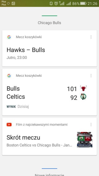Informacje sportowe w kartach Google Now
