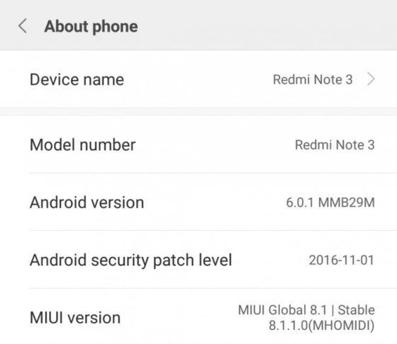 Xiaomi Redmi Note 3 MIUI 8.1 Android 6.0 Marshmallow