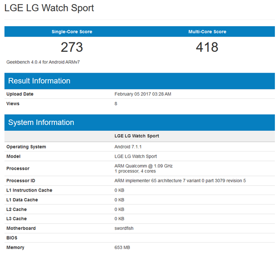 LG Watch Sport specyfikacja Geekbench