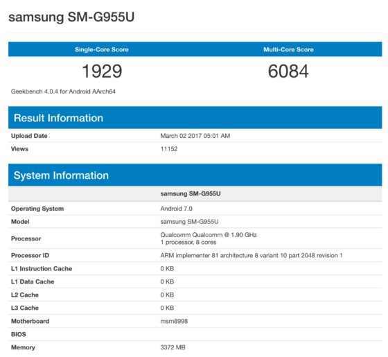 Samsung Galaxy S8 Geekbench Snapdragon 835