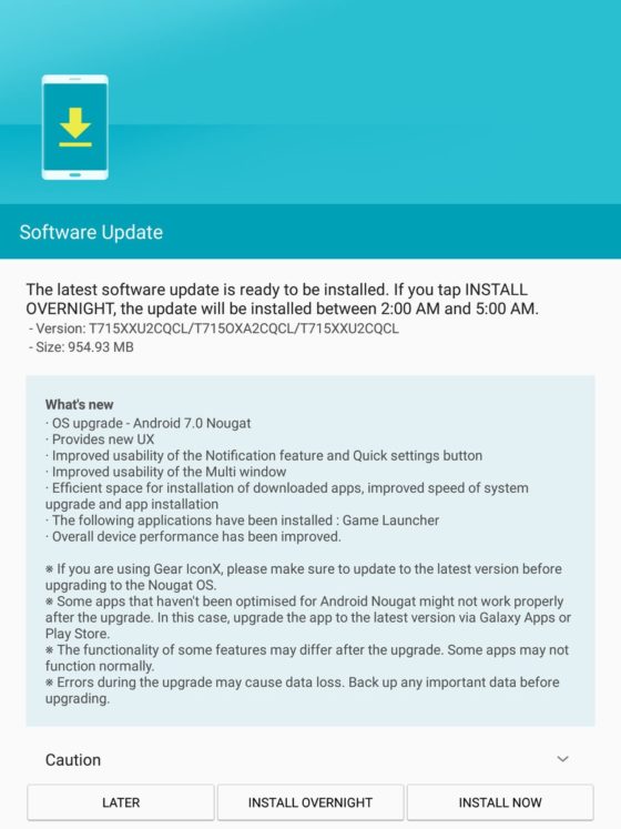 Samsung Galaxy Tab S2 Android 7.0 Nougat aktualizacja