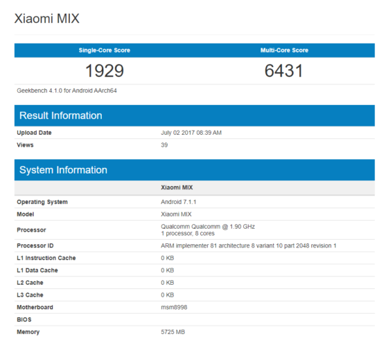 Xiaomi Mi Mix 2 Geekbench