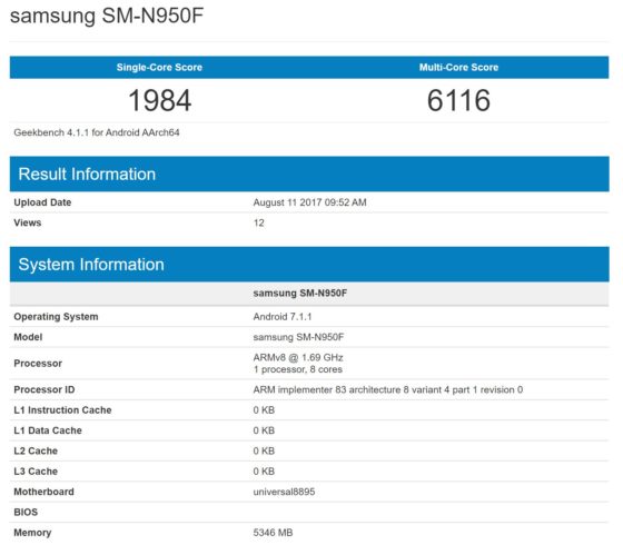 Samsung Galaxy Note 8 Android 7.1.1 Nougat Geekbench