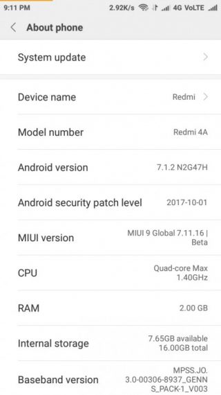 Xiaomi Redmi 4A Android 7.1.2 Nougat MIUI 9 beta