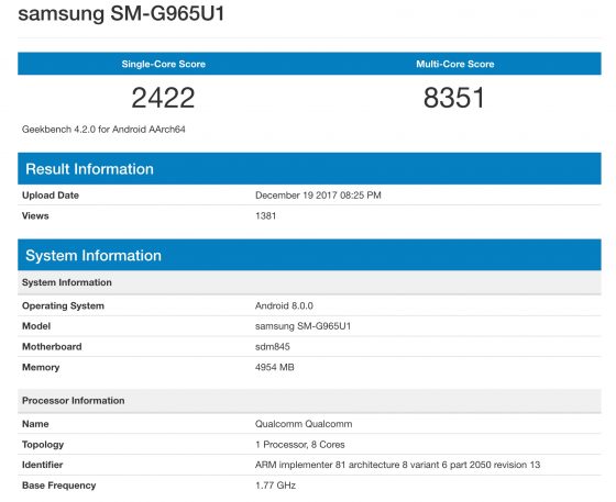 Samsung Galaxy S9 Plus Geekbench Snapdragon 845