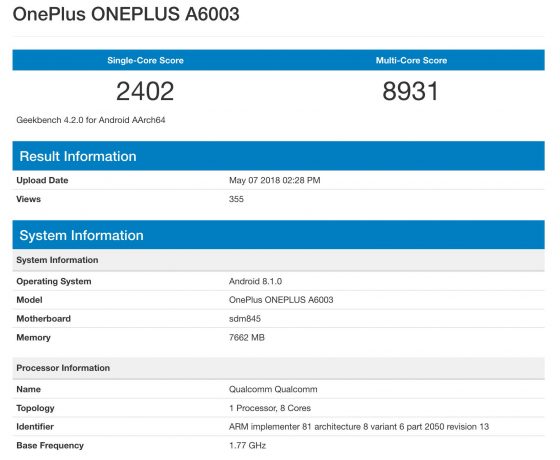 OnePlus 6 A6003 Geekbench