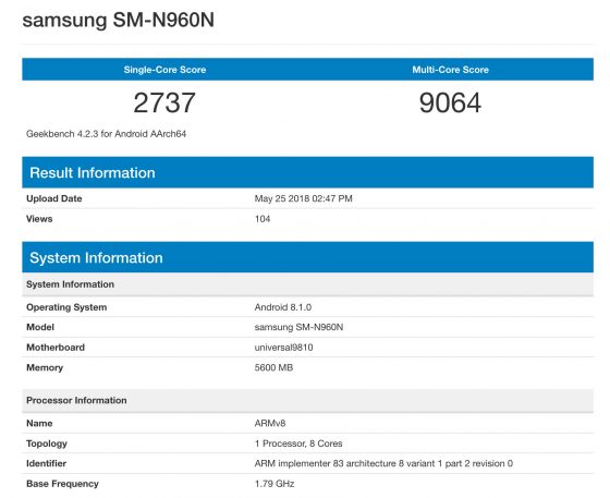 Samsung Galaxy Note 9 SM-N960N Geekbench
