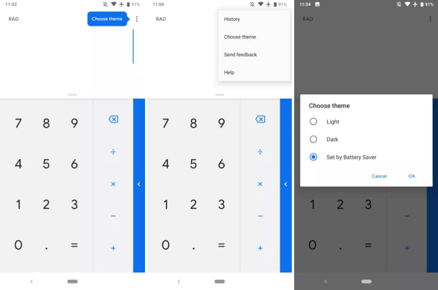 Kalkulator Google 7.6 dark mode tryb ciemny motyw jak włączyć android