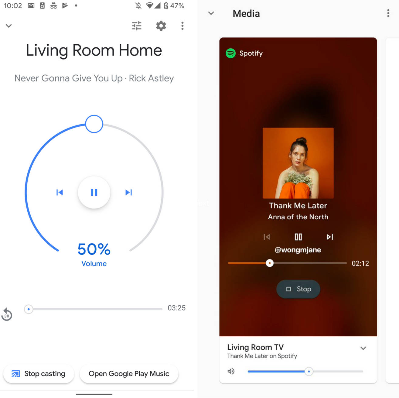 Google Home App cast chromecast ekran odtwarzania przesyłanej muzyki