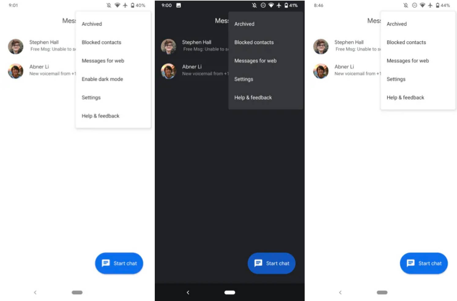Wiadomości Google beta dark mode tryb ciemny systemowy Android 10 aplikacje
