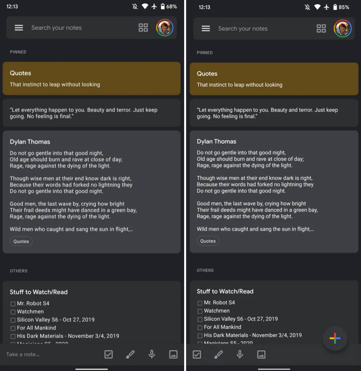 Google Keep pasek Material Theme przycisk FAB aplikacje Android