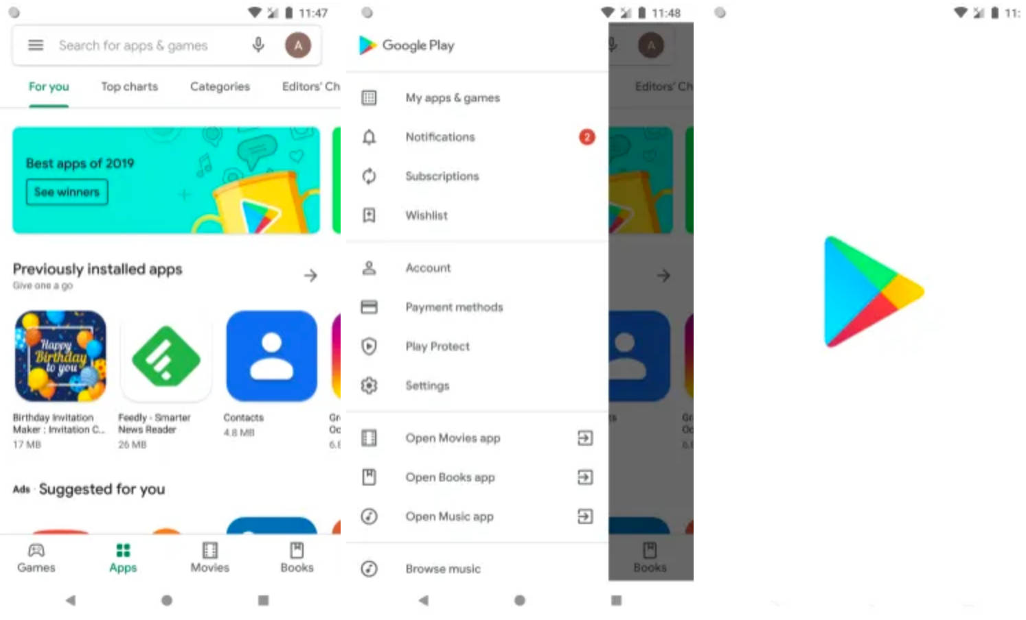 Sklep Google Play przełącznik kont Material Theme nowy splash screen