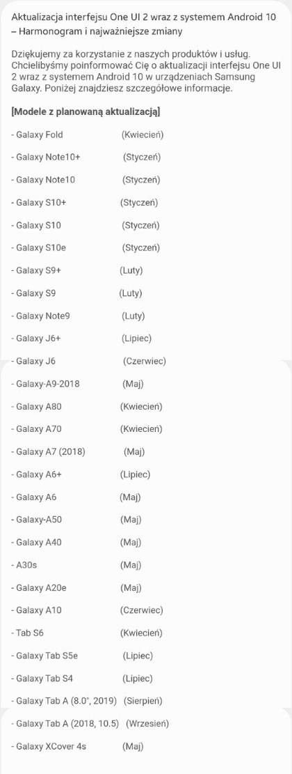 harmonogram aktualizacja Android 10 z One UI 2.0 dla Samsung Galaxy S9 Note10 Note 9 Fold A20 A30 A40 A50 A70 A80 A9 A7 J6. Tab S4 Cover 4s w Polsce
