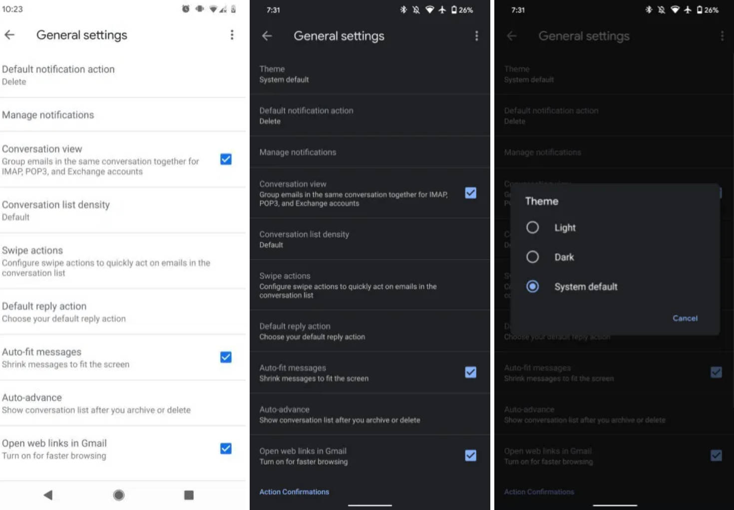 Gmail zniknął dark mode ciemny motyw aplikacje Android 10
