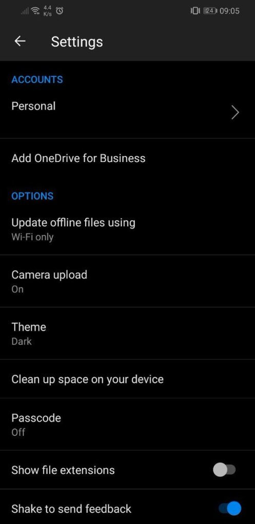 Microsoft OneDrive na Androida dark mode tryb ciemny motyw
