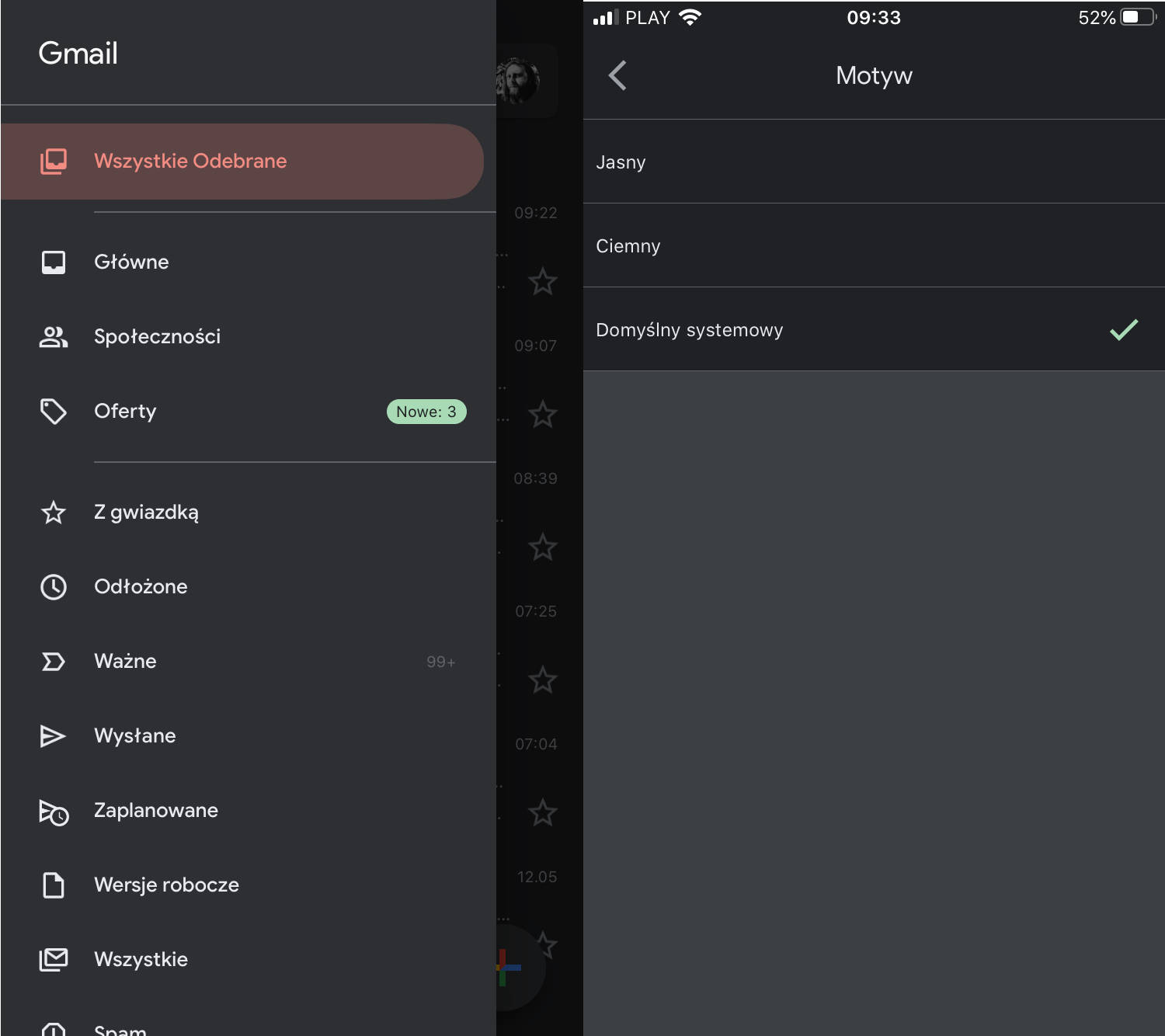 Gmail dark mode iOS Android jak włączyć tryb ciemny motyw