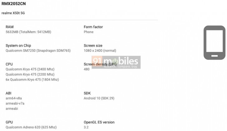 Realme X50t plotki przecieki wycieki specyfikacja dane techniczne z Google play Console