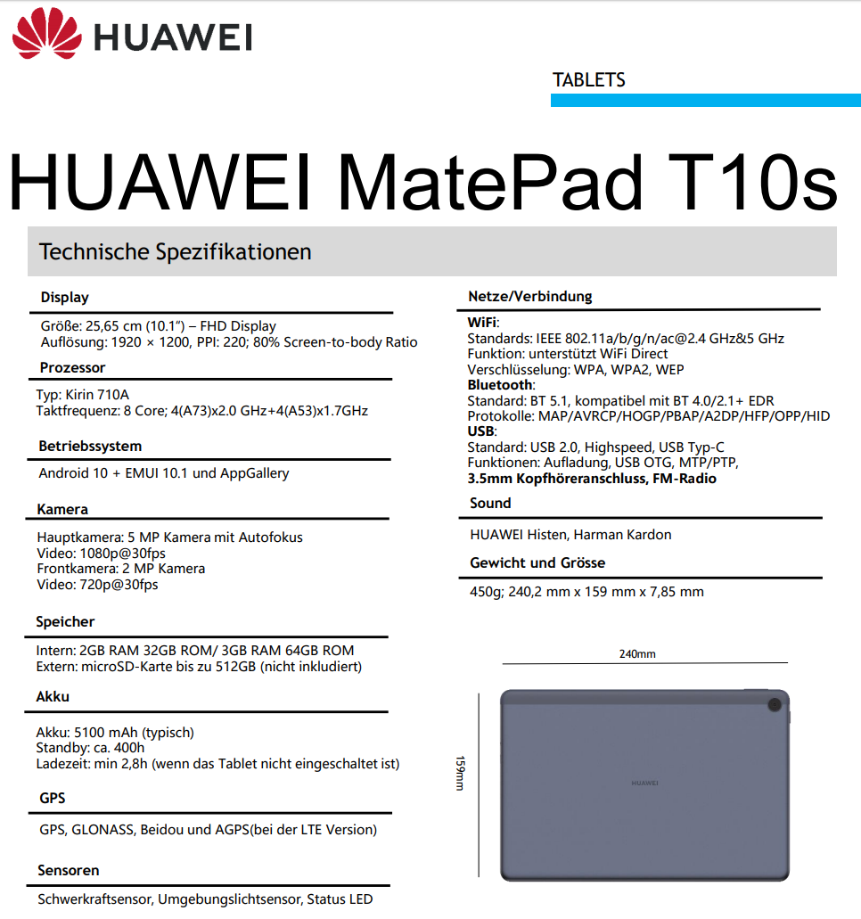 Huawei MatePad T10s specyfikacja dane techniczne tablet rendery