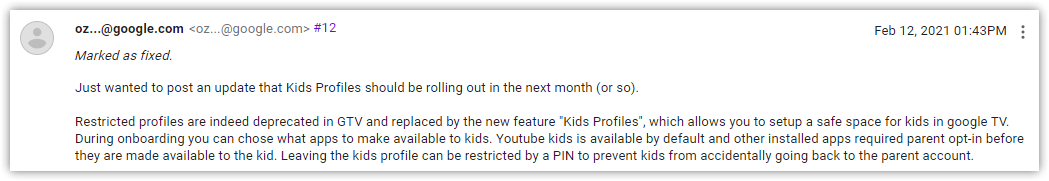 aktualizacja Chromecast Google TV pilot profil dziecka PIN