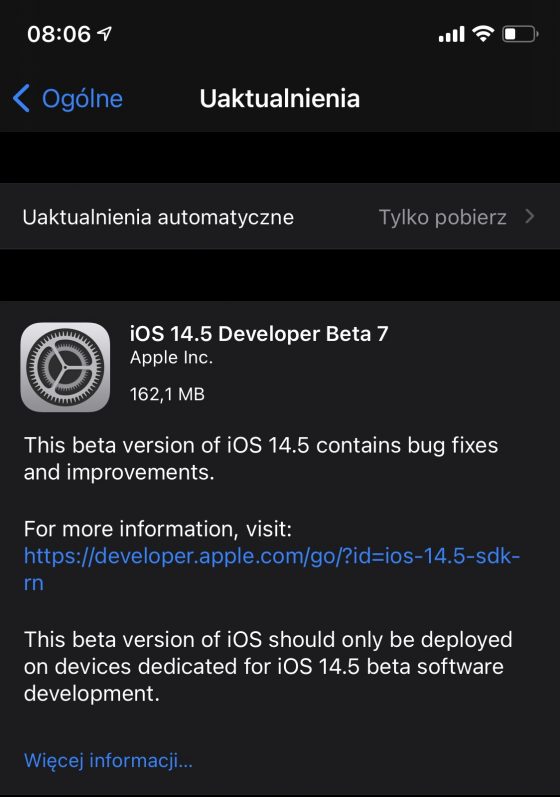 aktualizacja iOS 14.5 beta 7 kiedy Apple iPhone