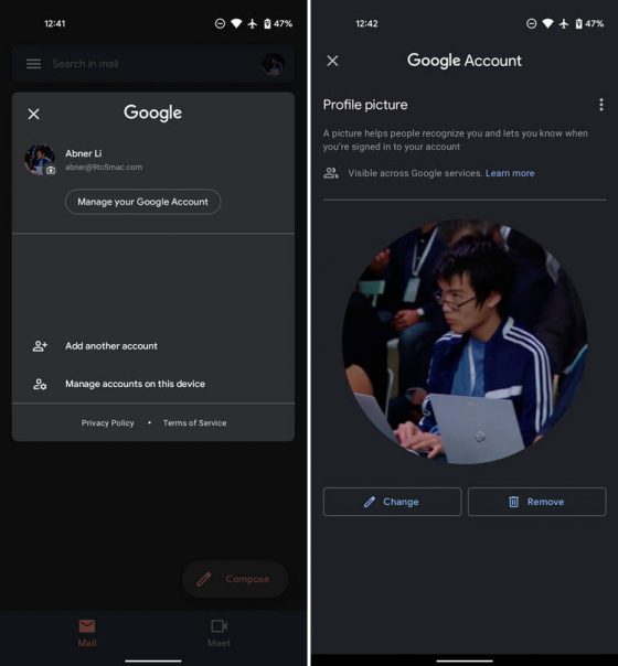 aplikacja Gmail na Androida zdjęcie konto Google awatar