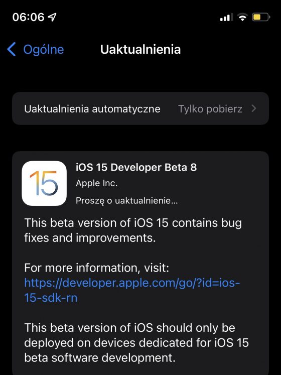 aktualizacja iOS 15 beta 8 Apple iPhone