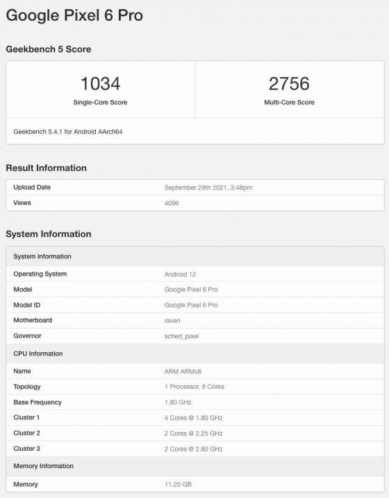 Google Pixel 6 Pro benchmarki Geekbench Tensor