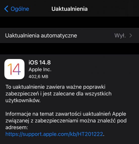 aktualizacja Apple iOS 14.8 iPadOS 14.8 macOS 11.6 watchOS 7.6.2 co nowego nowości wykaz zmian poprawki