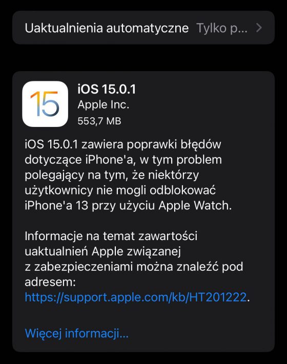 Apple aktualizacja iOS 15.0.1 iPadOS 15.0.1 co nowego nowości zmiany poprawki