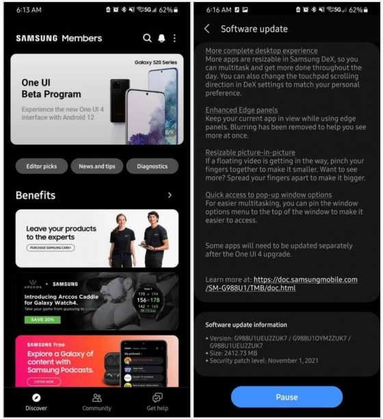 aktualizacja One UI 4 beta Android 12 dla Samsung Galaxy S20 Note 20