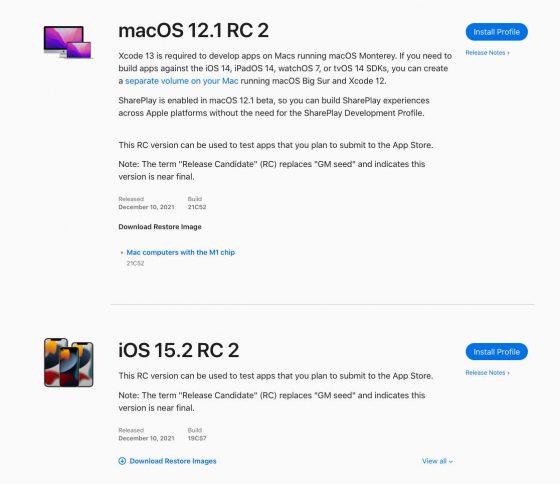 aktualizacja iOS 15.2 RC 2 macOS 12.1 poprawki Apple