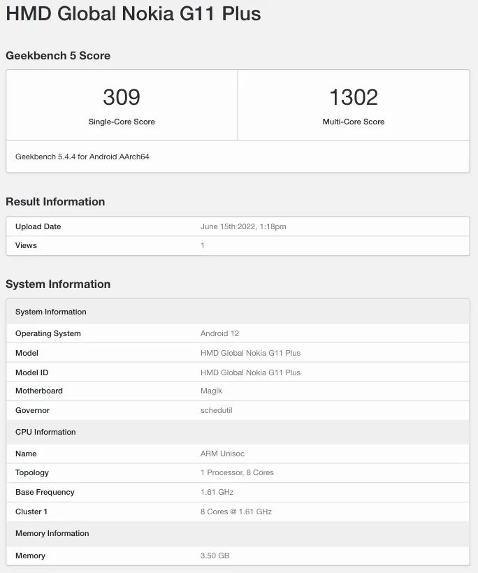 Nokia G11 Plus specyfikacja techniczna Geekbench