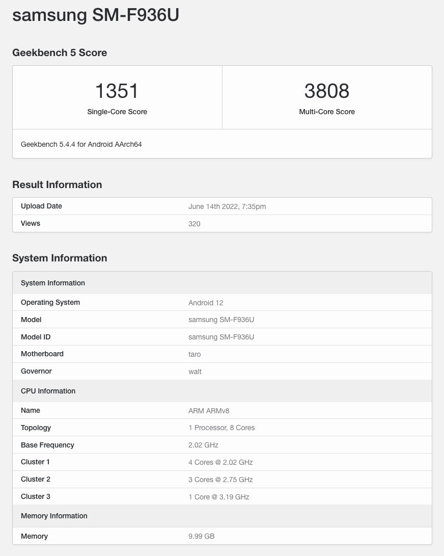 Samsung Galaxy Z Fold 4 Geekbench benchmark