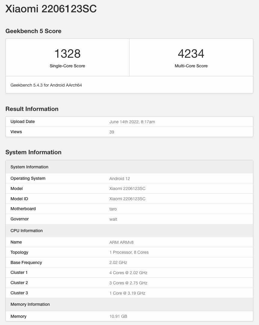 Xiaomi 12S specyfikacja Geekbench Snapdragon 8 gen 1 Plus