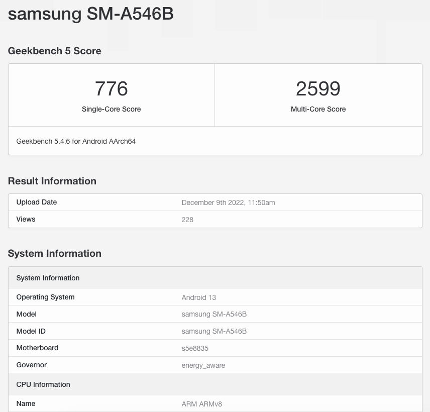 Samsung Galaxy A54 5G Geekbench Exynos 1380