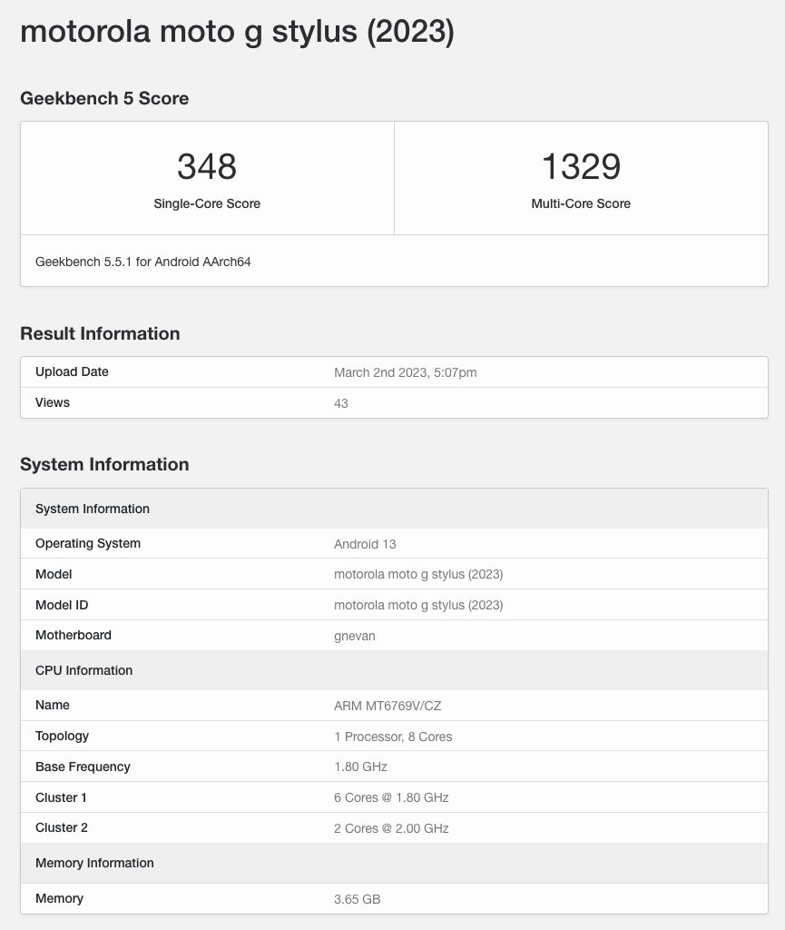 Motorola Moto G Stylus 2023 specyfikacja techniczna Geekbench