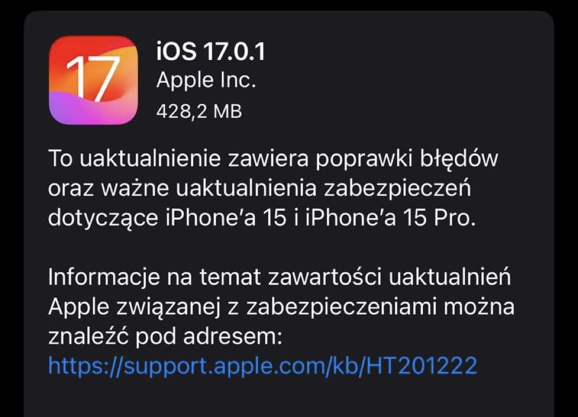 aktualizacja iOS 17.0.1 iPadOS watchOS 10.0.1