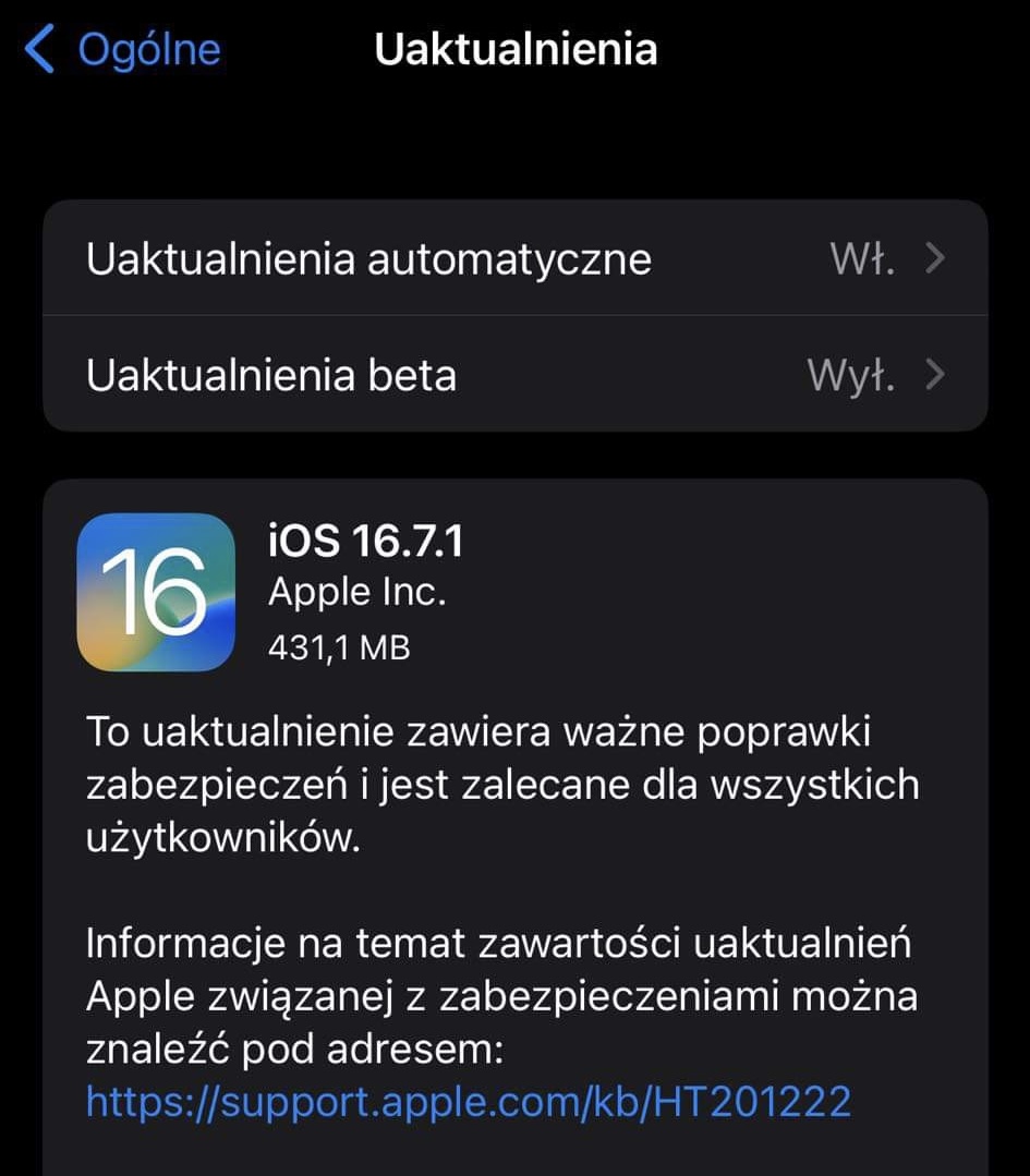 Aktualizacja iOS 17.1 beta 3 iOS 16.7.1