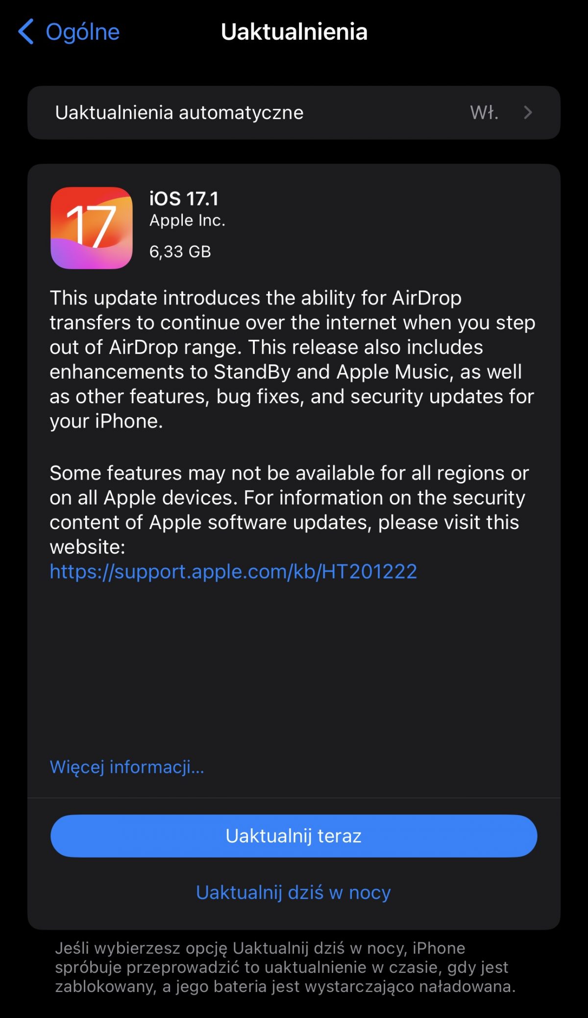 aktualizacja iOS 17.1 co nowego wykaz zmian nowości