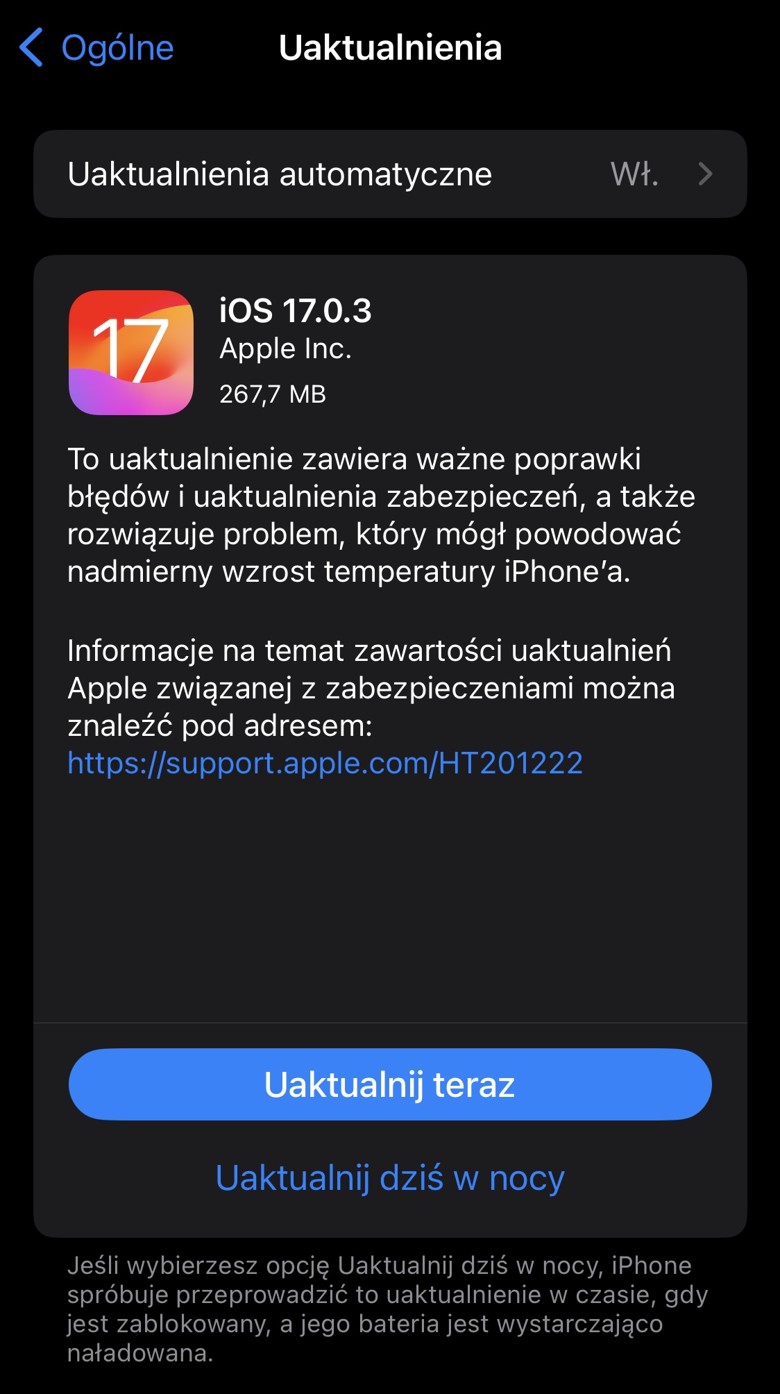 aktualizacja iOS 17.0.3 ważna poprawki Apple iPhone